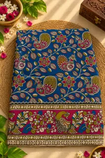 Kalamkari Cotton Saree — Blue and Pink Combination Peacock Design design