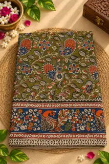 Kalamkari Cotton Saree — Green and Blue Combination design