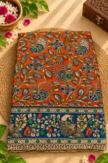 Kalamkari Cotton Saree — Orange Saree with Blue design