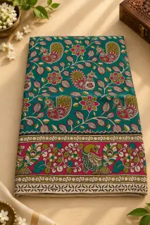 Kalamkari Cotton Saree — Pink and Green  Combination Peacock Design design