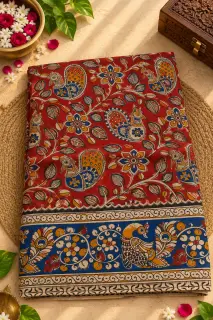Kalamkari Cotton Saree — Red and Blue Combination Peacock Design design