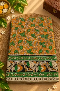 Kalamkari Cotton Saree — Orange with Green Border design